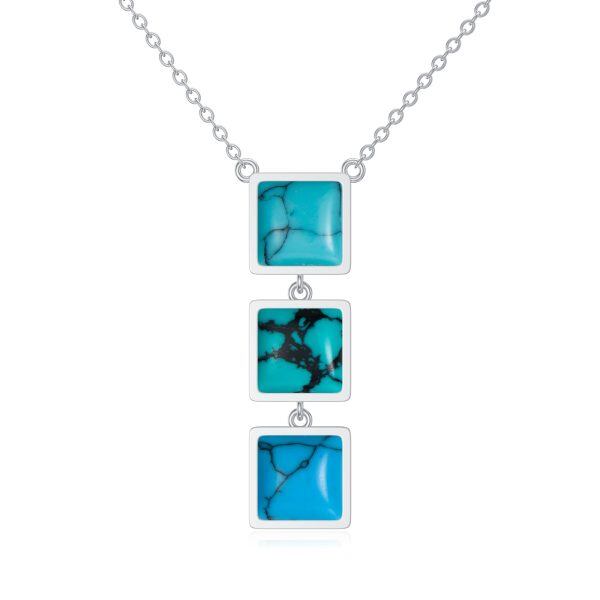 Sterling Silver Three Square Turquoise Pendant Necklace-0