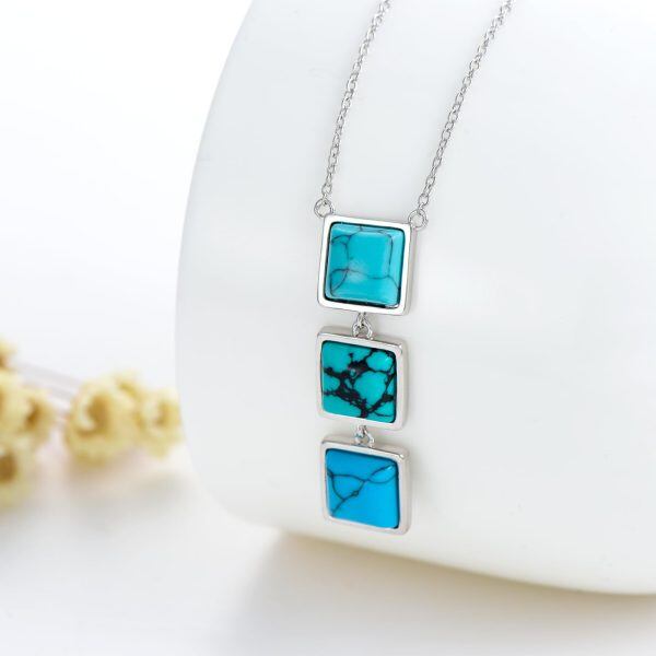 Sterling Silver Three Square Turquoise Pendant Necklace-3