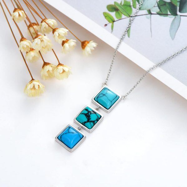 Sterling Silver Three Square Turquoise Pendant Necklace-4