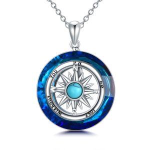 Sterling Silver Compass Turquoise Pendant Necklace with Crystal Circle-0