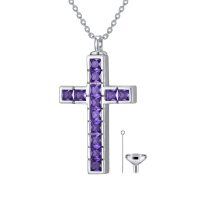 wholesale 925 Sterling Silver Purple Crystal Cross Cremation Keepsake Necklace for Women Memory Ash Holder Pendant with Funnel and Chain 48cm- Rhodium Plated