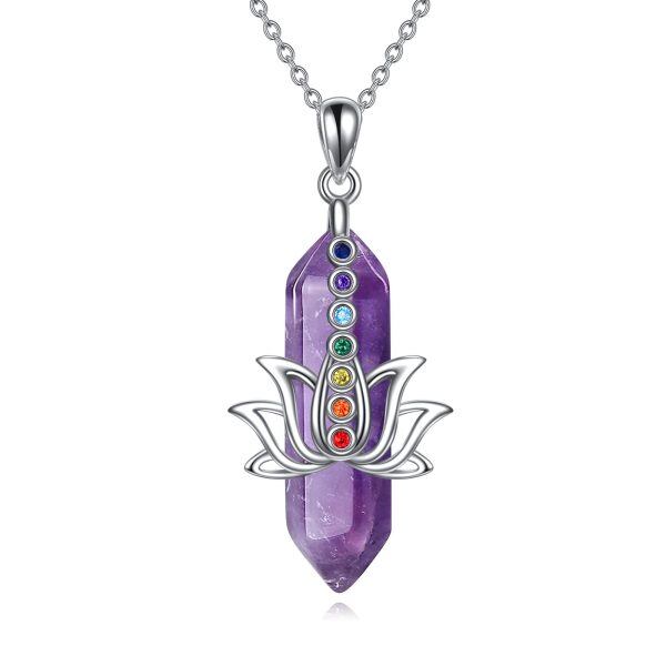 Sterling Silver Lotus Healing Amethyst 7 Chakra Pendant Necklace-0