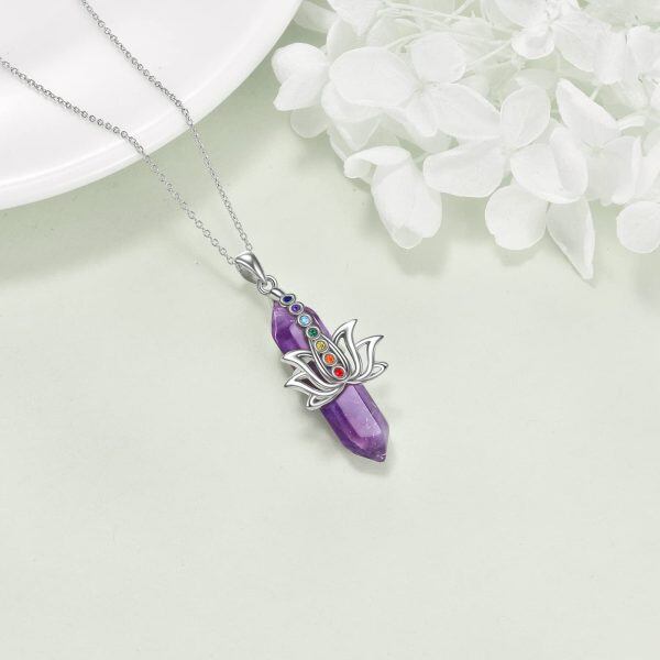 Sterling Silver Lotus Healing Amethyst 7 Chakra Pendant Necklace-3