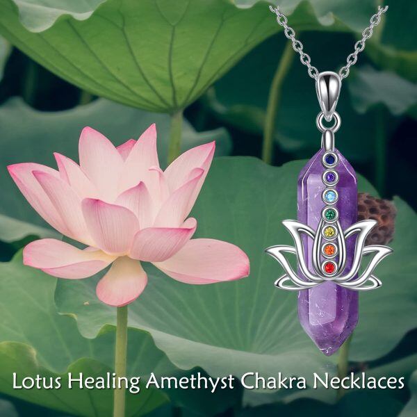 Sterling Silver Lotus Healing Amethyst 7 Chakra Pendant Necklace-4