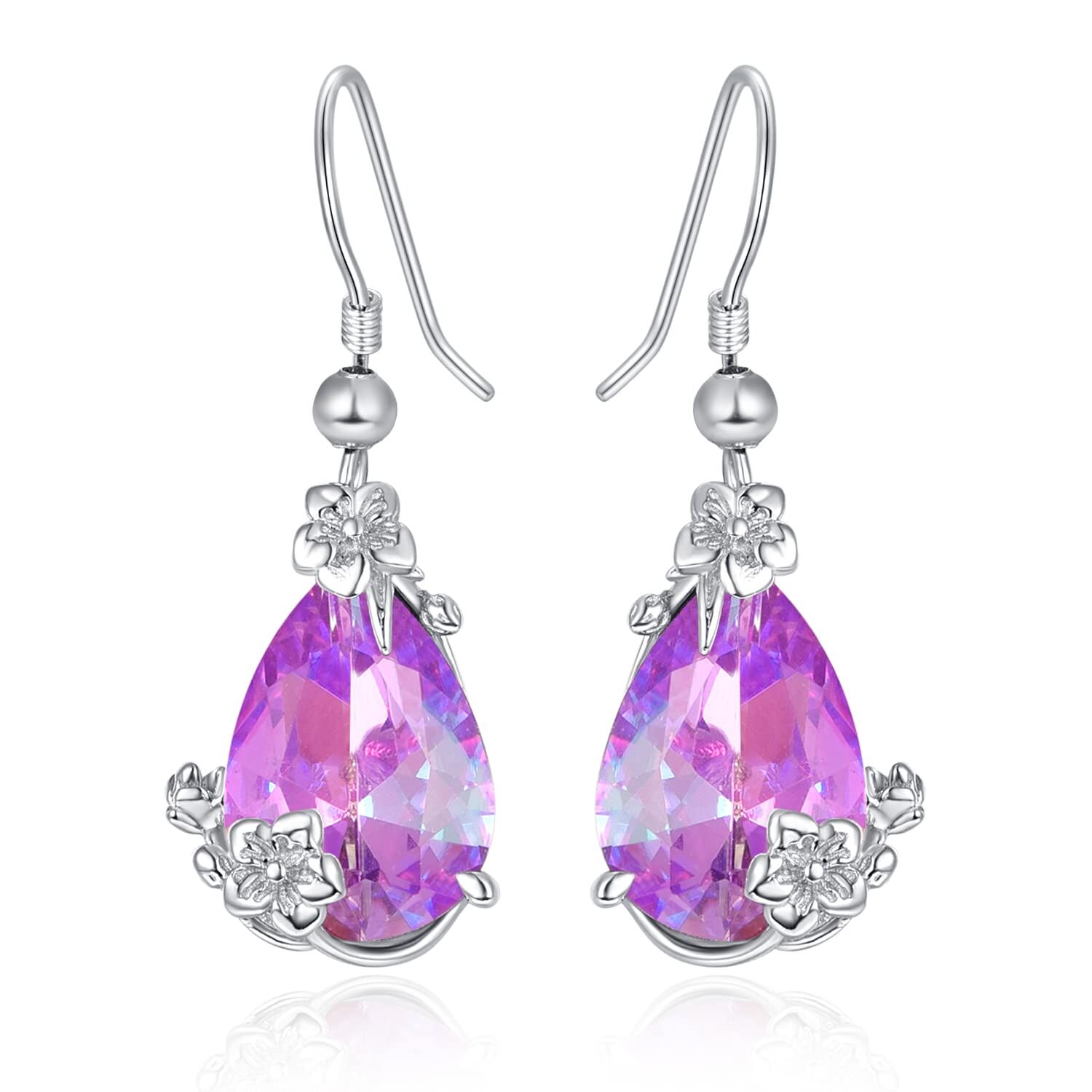 wholesale 925 Sterling Silver Teardrop Amethyst Plumeria Flower Pendant Earring Set with Pink Crystals Gift for Her-0-0