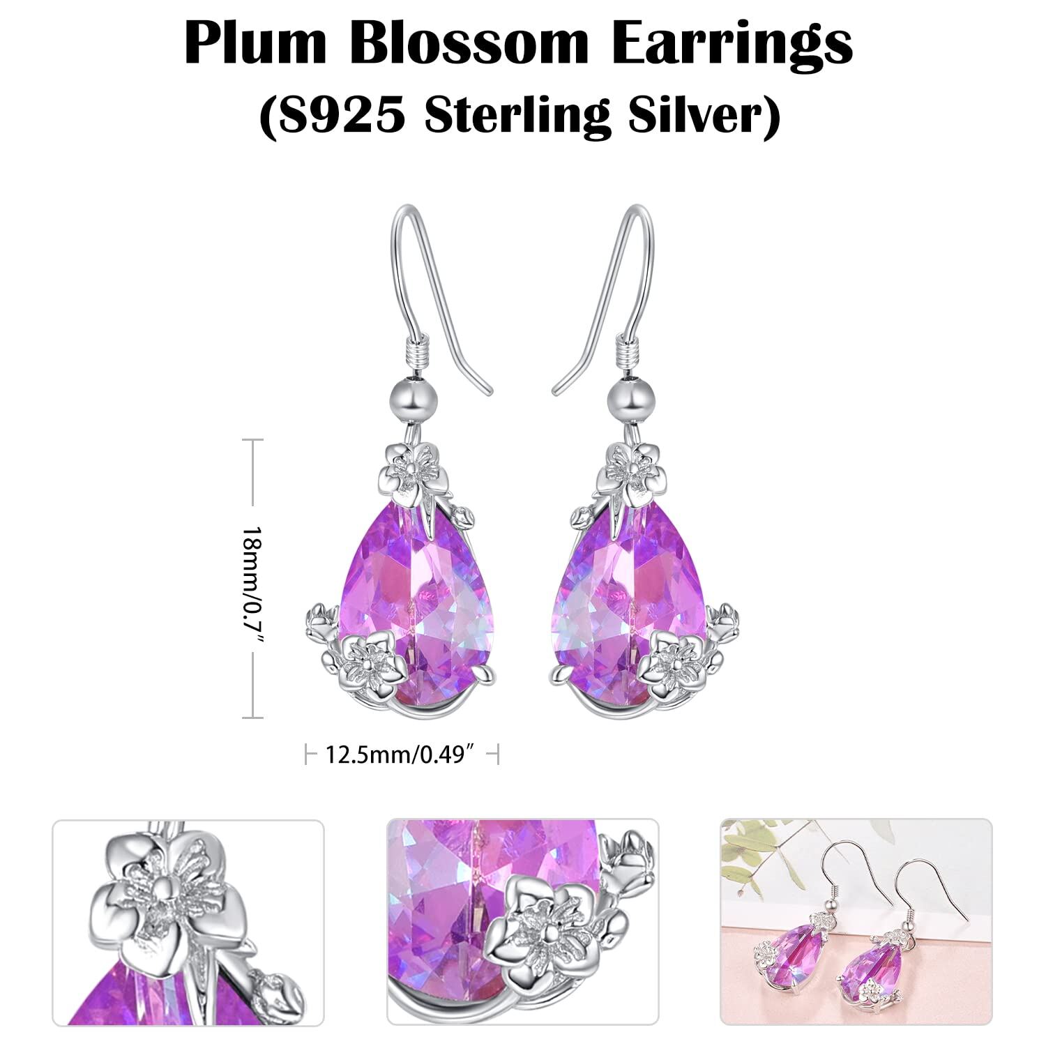 wholesale 925 Sterling Silver Teardrop Amethyst Plumeria Flower Pendant Earring Set with Pink Crystals Gift for Her-0-1