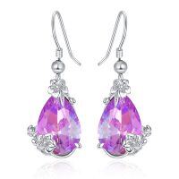 wholesale 925 Sterling Silver Teardrop Amethyst Plumeria Flower Pendant Earring Set with Pink Crystals Gift for Her- Rhodium Plated