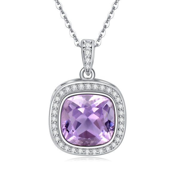 Sterling Silver Square Amethyst Pendant Necklace with February Birthstone-0