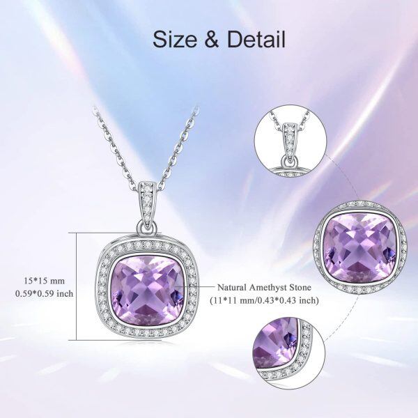 Sterling Silver Square Amethyst Pendant Necklace with February Birthstone-1