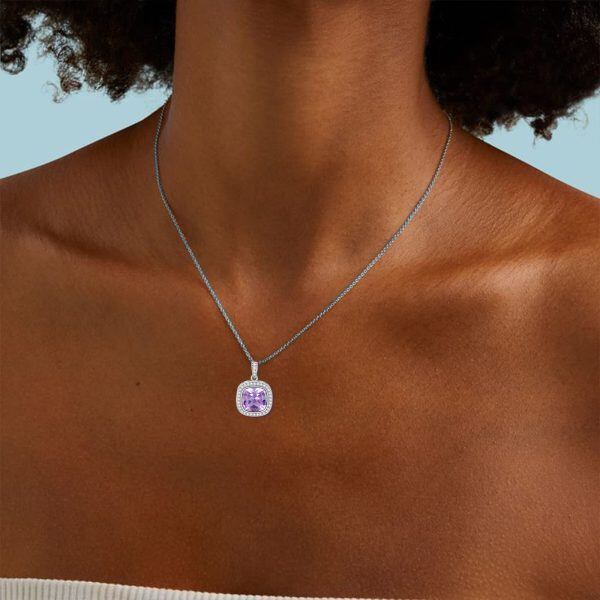 Sterling Silver Square Amethyst Pendant Necklace with February Birthstone-3