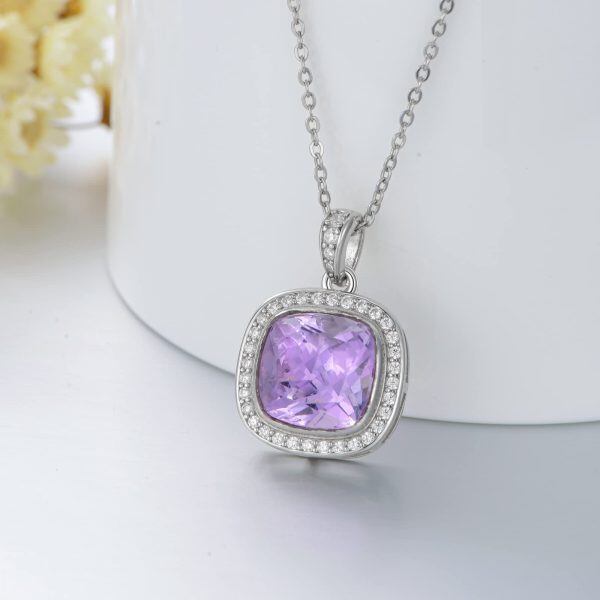 Sterling Silver Square Amethyst Pendant Necklace with February Birthstone-5