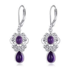 Sterling Silver Nordic Filigree Teardrop Amethyst Drop Earrings-0