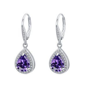 Sterling Silver Purple Zircon Teardrop Drop Earrings with February Birthstone-0