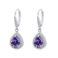 wholesale 925 Sterling Silver Purple Teardrop Crystal Drop Earrings for Women and Teen Girls Hypoallergenic - Rhodium Plated