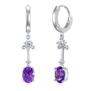 Sterling Silver 7mm * 9mm Oval Cut Natural Amethyst Drop Earrings-0