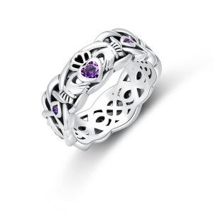 Sterling Silver Claddagh Amethyst February Birthstone Ring-0