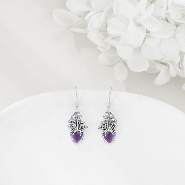 Sterling Silver Mushroom Amethyst Drop Earrings-4