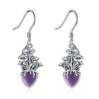 wholesale 925 Sterling Silver Purple Crystal Mushroom Dangle Earrings for Women Gifts- Oxidized/Oxidised