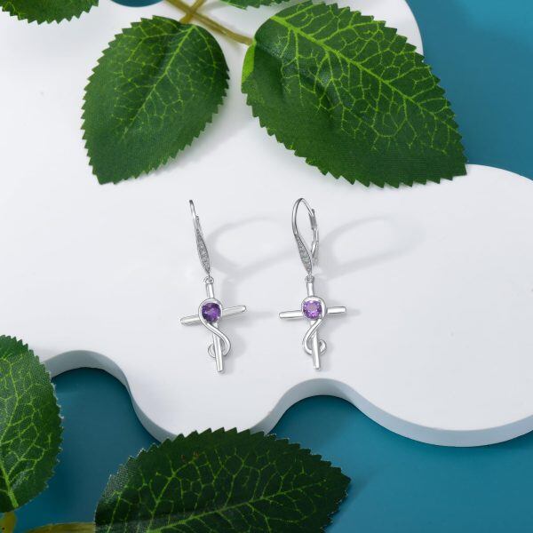 Sterling Silver Cross Infinity Drop Earrings with Amethyst-3