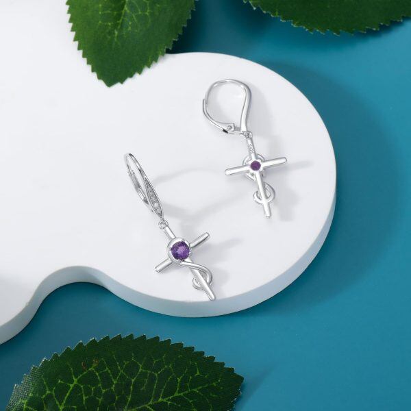 Sterling Silver Cross Infinity Drop Earrings with Amethyst-4