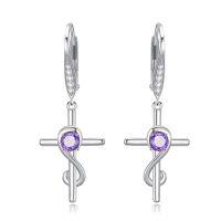 wholesale 925 Sterling Silver Purple Amethyst Cross Drop Earrings - February Birthday Gemstones s for Her- Rhodium Plated