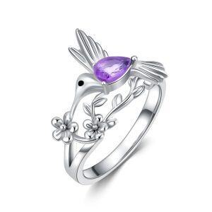 Sterling Silver Hummingbird Unique Rings with Amethyst-0