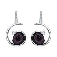 wholesale 925 Sterling Silver Geode Drop Earrings with Amethyst Quartz Crystals and Cubic Zirconias for Women- Rhodium Plated