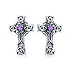 Sterling Silver Celtic Cross Studs Earrings with Amethyst-0