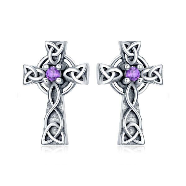 Sterling Silver Celtic Cross Studs Earrings with Amethyst-0