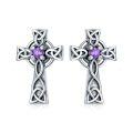 wholesale 925 Sterling Silver Celtic Cross Earrings with Purple Stone - February Birthday s for Women and Girls-0-0