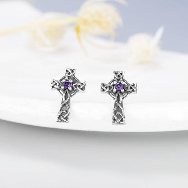 Sterling Silver Celtic Cross Studs Earrings with Amethyst-3