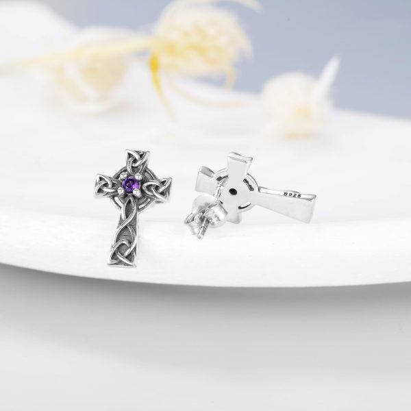 Sterling Silver Celtic Cross Studs Earrings with Amethyst-4