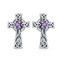 wholesale 925 Sterling Silver Celtic Cross Earrings with Purple Stone - February Birthday s for Women and Girls- Oxidized/Oxidised