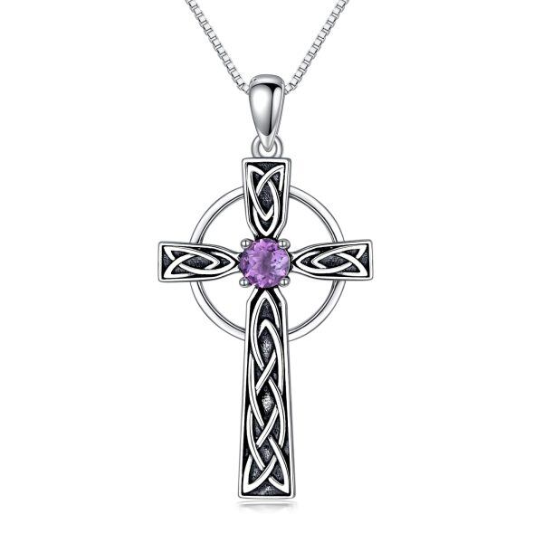 Sterling Silver Celtic Cross Amethyst Pendant Necklace-0