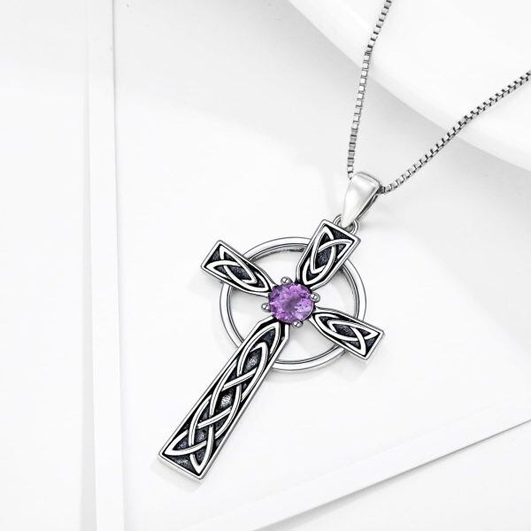 Sterling Silver Celtic Cross Amethyst Pendant Necklace-3