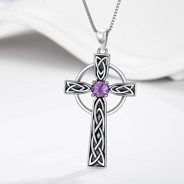 Sterling Silver Celtic Cross Amethyst Pendant Necklace-4