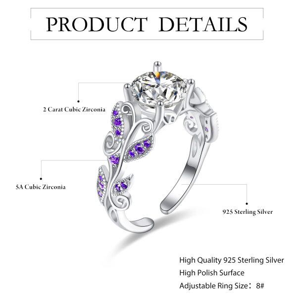 Sterling Silver Round Cut Purple Zircon Leaf Adjustable Rings-1