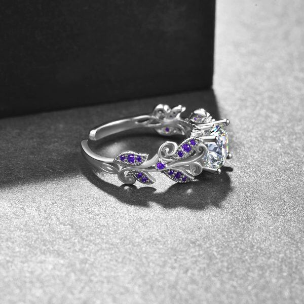 Sterling Silver Round Cut Purple Zircon Leaf Adjustable Rings-4