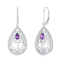 wholesale 925 Sterling Silver Purple Amethyst Teardrop Tree of Life Dangle Earrings (4x6 mm)- Rhodium Plated