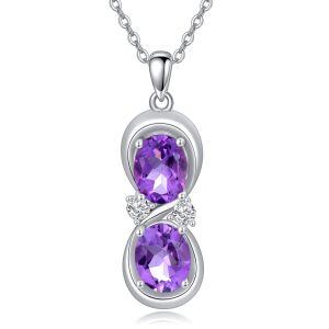 Sterling Silver 7mm * 9mm Oval Shaped Amethyst Pendant Necklace-0