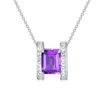 wholesale 925 Sterling Silver Natural Purple Amethyst Emerald-Cut Halo Pendant Necklace- Rhodium Plated