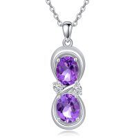 wholesale 925 Sterling Silver Oval Cut Natural Amethyst and Cubic Zirconia Accent Necklace for Women- Rhodium Plated