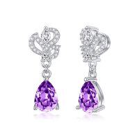 wholesale 925 Sterling Silver Purple Amethyst Crown Drop Stud Earrings for Women- Rhodium Plated