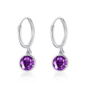 Sterling Silver Round cut Simulated Amethyst Crystal Drop Earrings-0