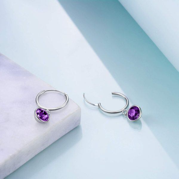 Sterling Silver Round cut Simulated Amethyst Crystal Drop Earrings-3