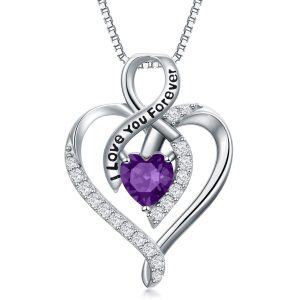 Sterling Silver Love Heart Amethyst Pendant Necklace with February Birthstone-0