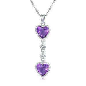 Sterling Silver Double Heart Shaped Amethyst Pendant Necklace-0