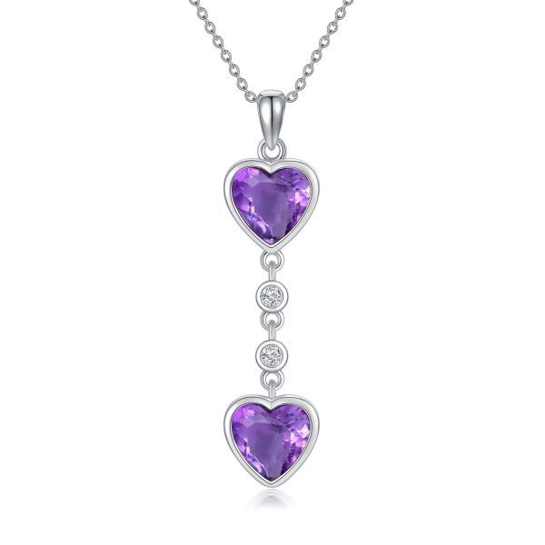 Sterling Silver Double Heart Shaped Amethyst Pendant Necklace-0