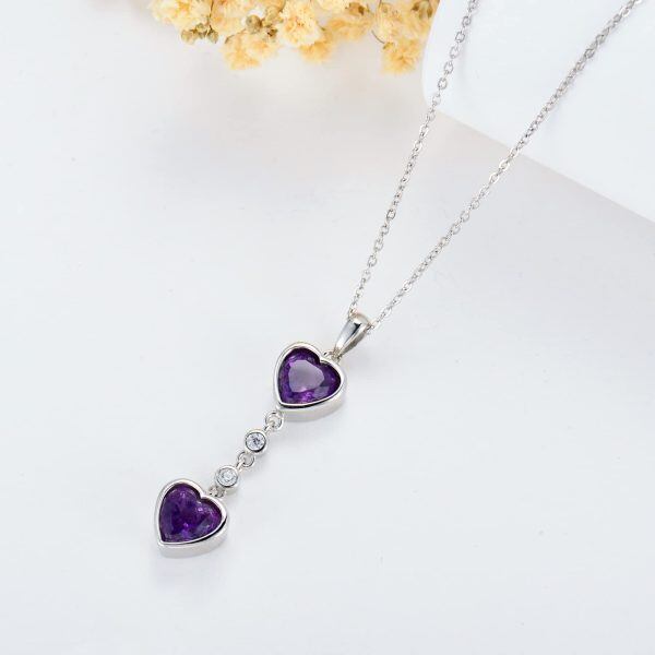 Sterling Silver Double Heart Shaped Amethyst Pendant Necklace-3