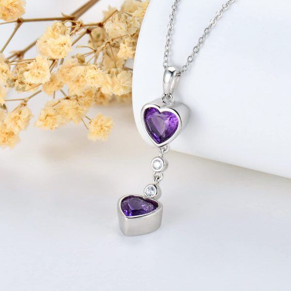 Sterling Silver Double Heart Shaped Amethyst Pendant Necklace-4